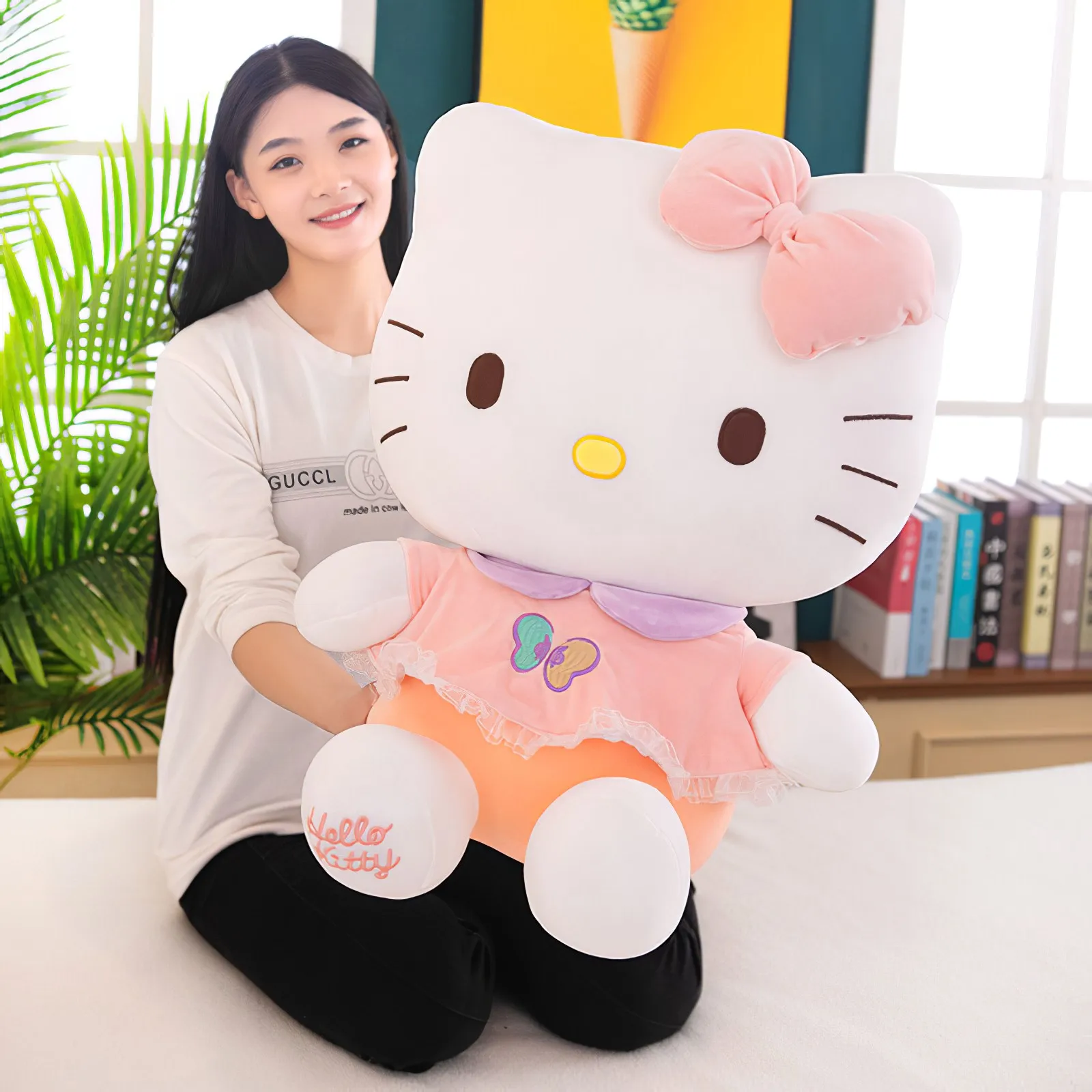 60cm Cute Sanrio Hello Kitty Plush Toy Cartoon Bow Tie Big Size Kt Cat Soft Stuffed Doll Kawaii Decor Pillow Rag Doll Girls Gift