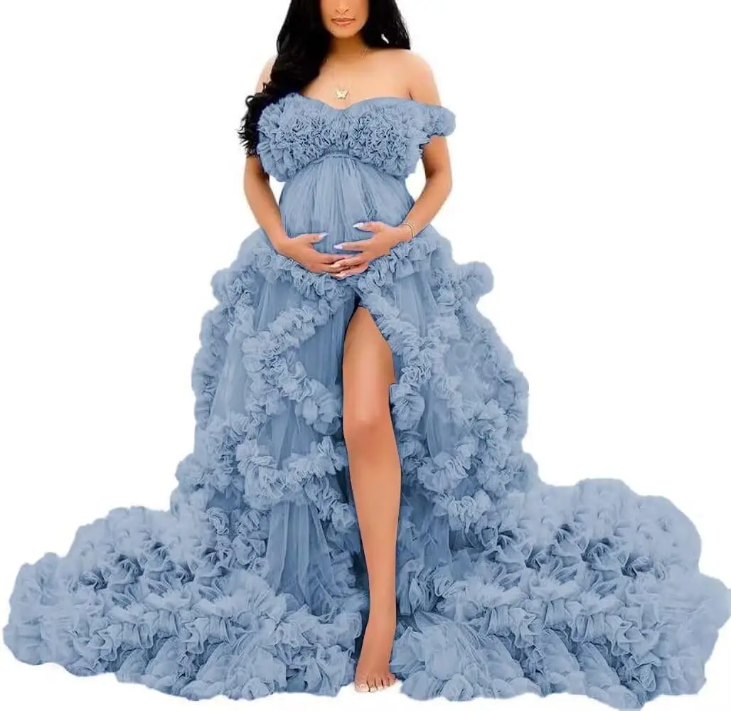 Fotoshoot & babyshower tule zwangerschapsjurk - off-shoulder, puffy ruches, elegante lange jurk voor zwangerschap