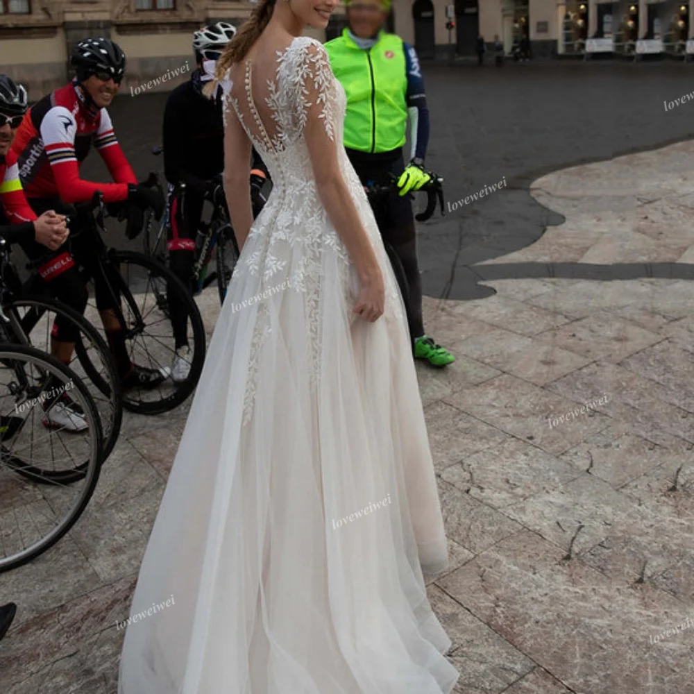 Abito da sposa moderno in pizzo con applicazioni a-line per la sposa Tulle di lusso manica lunga rosa eleganti abiti da sposa nuovi abiti da sposa