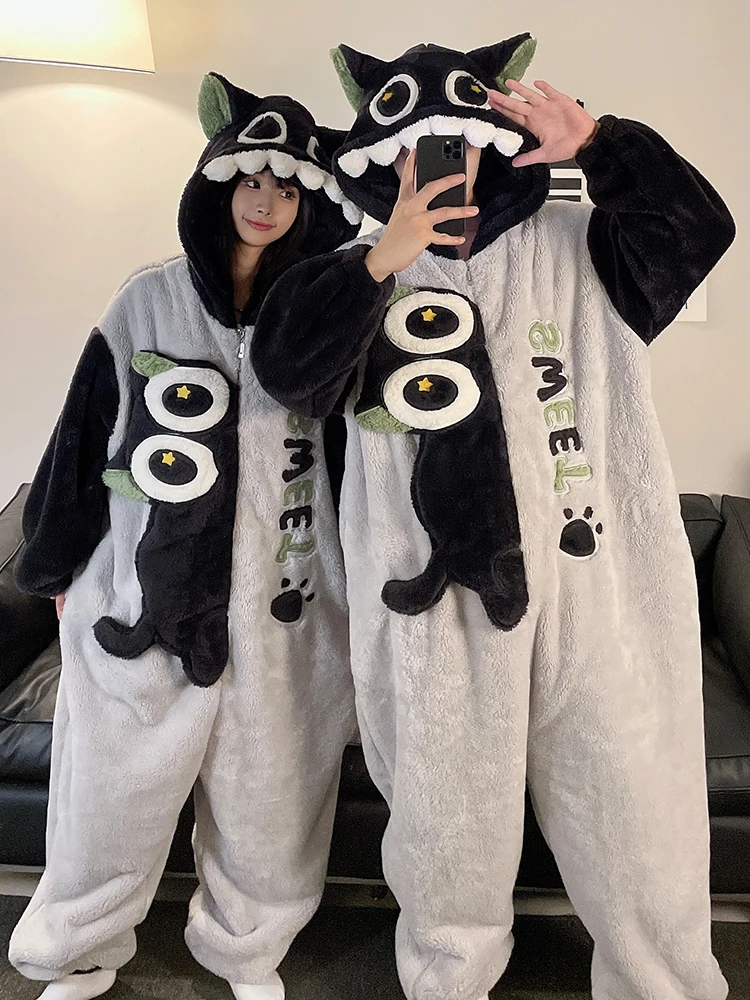 DAIMELU الكرتون طويلة الأكمام منامة الرجال الشتاء قطعة واحدة المرجان الصوف الفانيلا الذكور كبيرة الحجم المتسكعون مجموعة ملابس خاصة دعوى