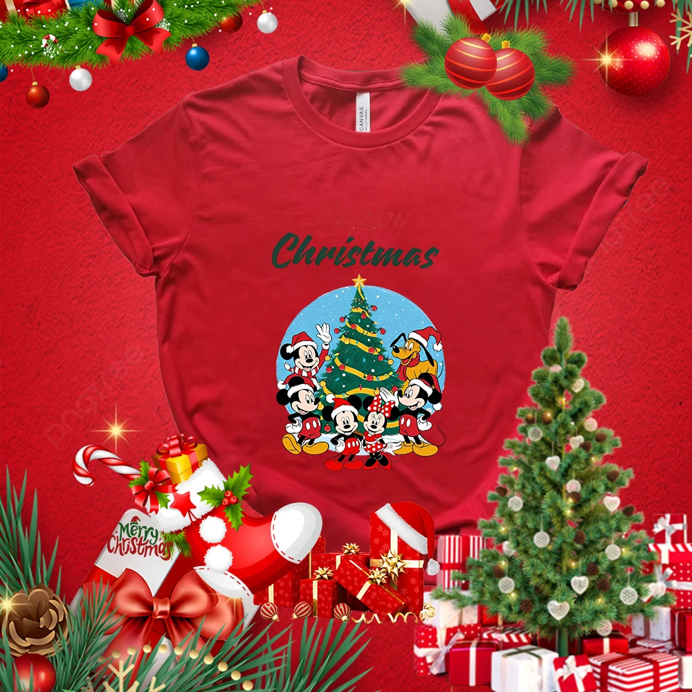 Disney Mickey Mouse Donald Duck Printed Women's Christmas T-shirt Cotton Short Sleeve Holiday Gift Red Top