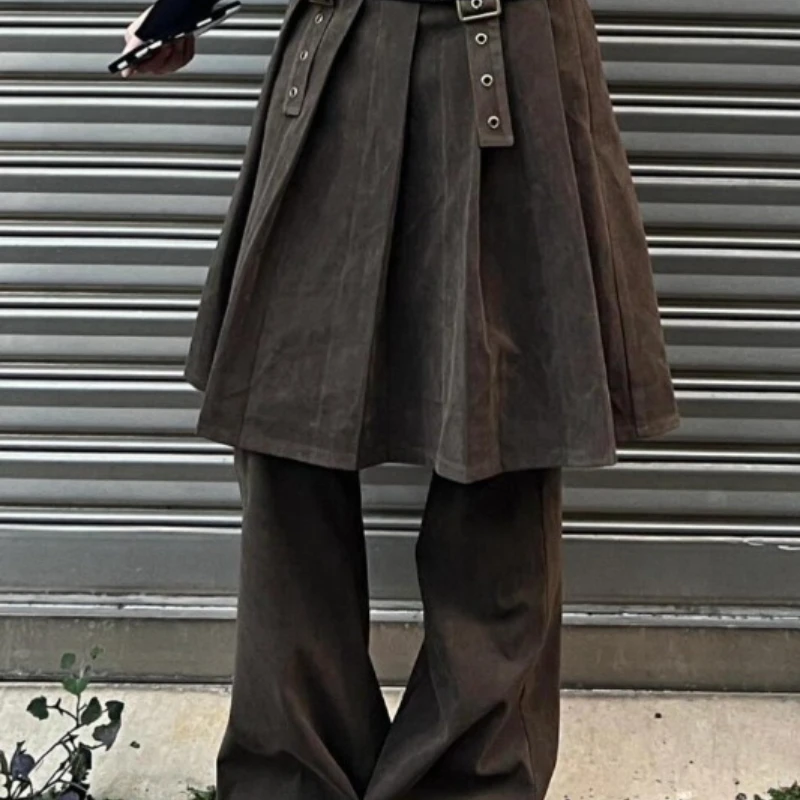 Zweiteilige Retro-Jeansrockhose aus Kunstleder für Damen, lässig und locker, schlankmachend und mit einem A-Linien-Design mit weitem Bein und ausgestelltem Design.