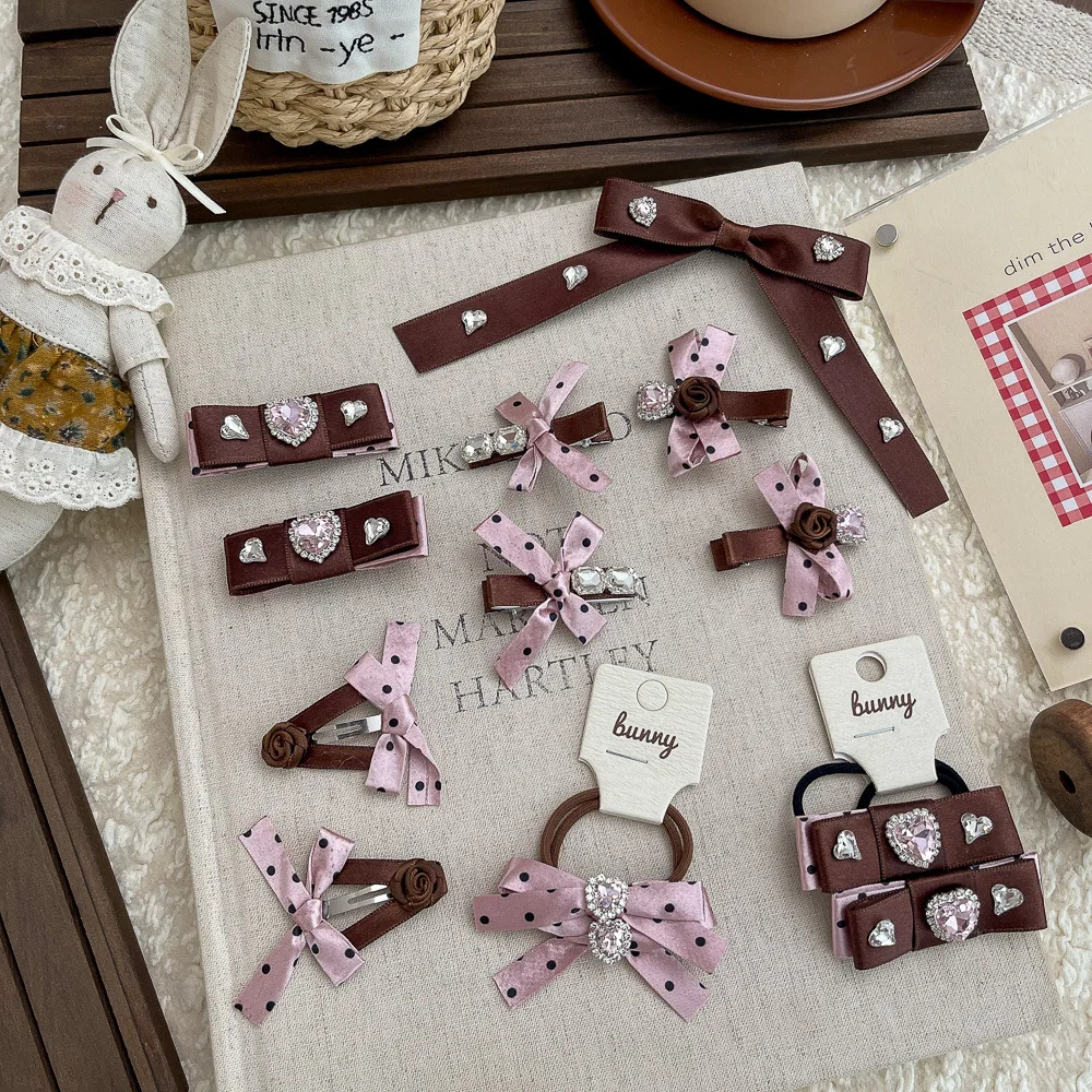 

2pcs Pink Coffee Polka Dot Hairpin Rhinestone Bow Princess Hairpin Hair Clip Bangs Side Clip Barrettes Headwear Hair Accessories