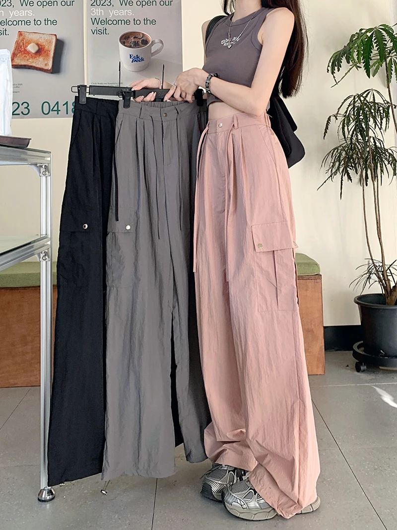 

3colors S-3XL American Safari Style Long trouser female summer 2024 high waist Pocket Wide Leg long pants womens (LS3709)