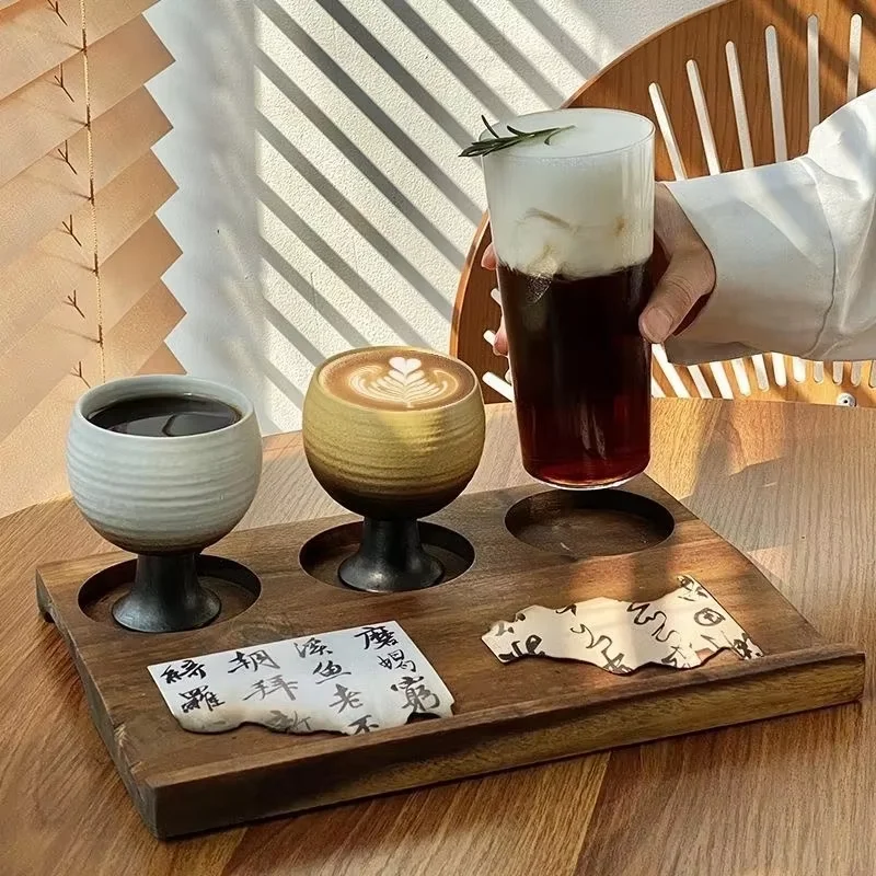 

Лоток для дегустации кофе из цельного дерева, стеклянный держатель для чашки, доска для виски, деревянный лоток для полета из акации в стиле ретро для бара, домашней вечеринки