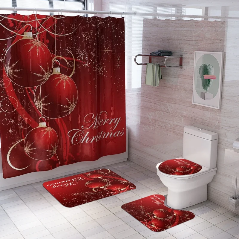 4pcs/Set Christmas Shower Curtains Snowman Christmas Tree Xmas New Year Bathroom Decor Non-slip Rug Bath Mats Toilet Lid Cover