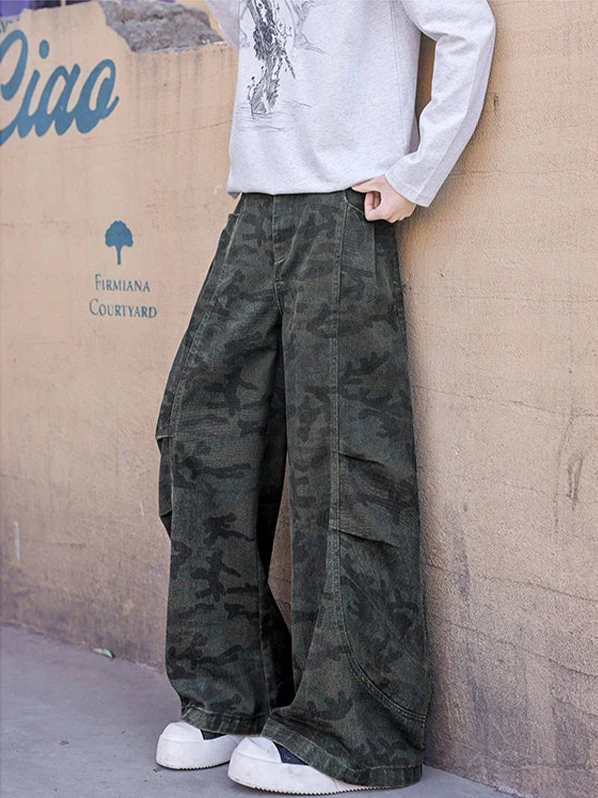 

American High Street Camouflage Knife Men's Jeans Spring Autumn Loose Casual Folded Workwear Pants Wide Leg Long Trousers