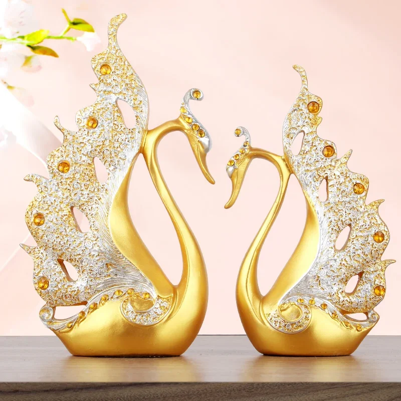 A pair golden swan lovers for home 、office decoration ceramic crafts porcelain animal statues wedding decoration, lovers' gifts