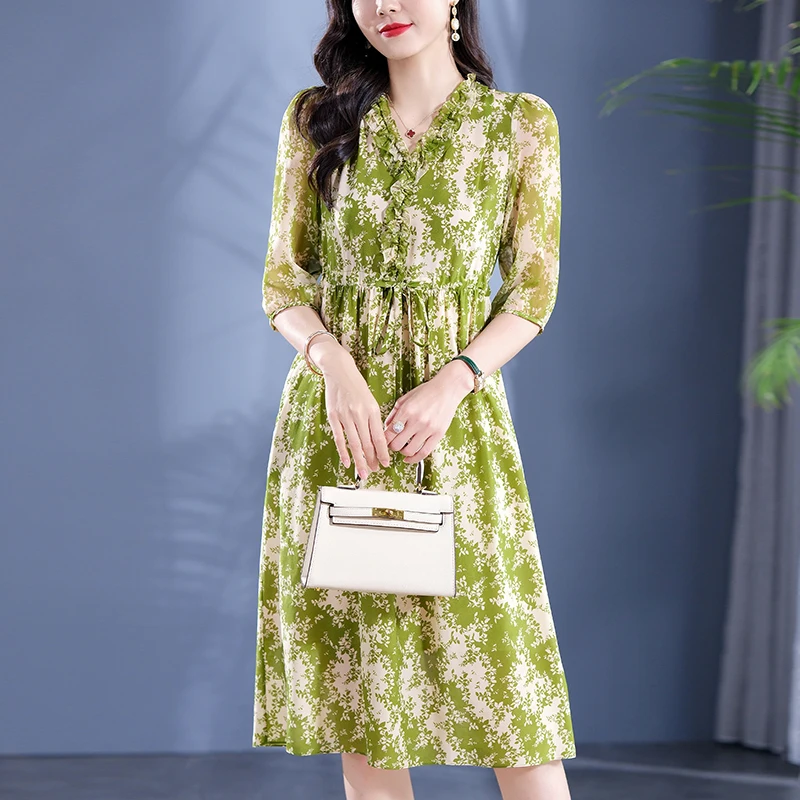100% Real Silk Vintage Dresses for Women 2026 Summer Elegant Fashion V-neck Drawstring Three Quarter Sleeve Woman Print Dress