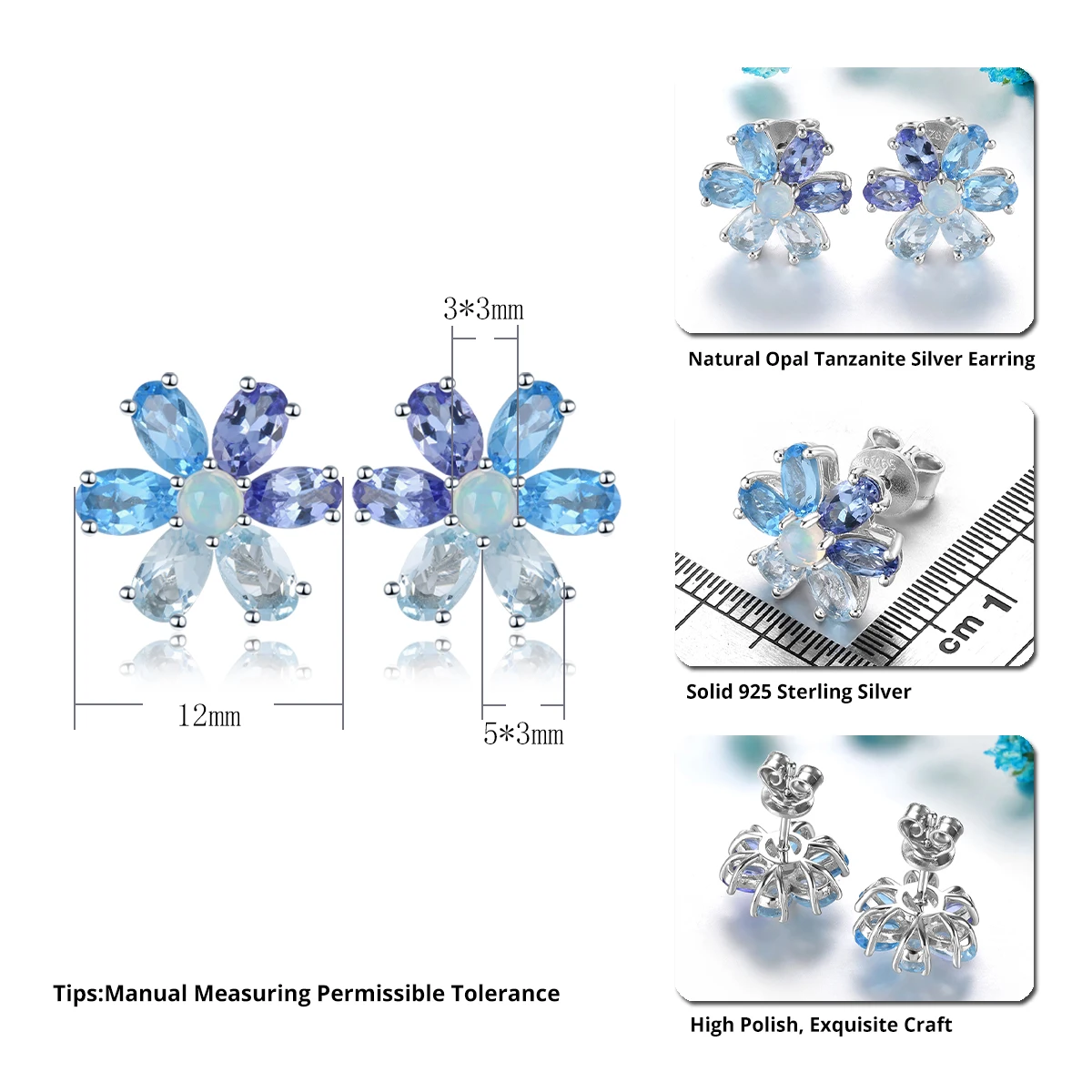 Natural Opal Tanzanite Sterling Silver Stud Earring 3 Carats Genuine Multicolor Gemstone Romantic Fine Jewelrys Women Gifts