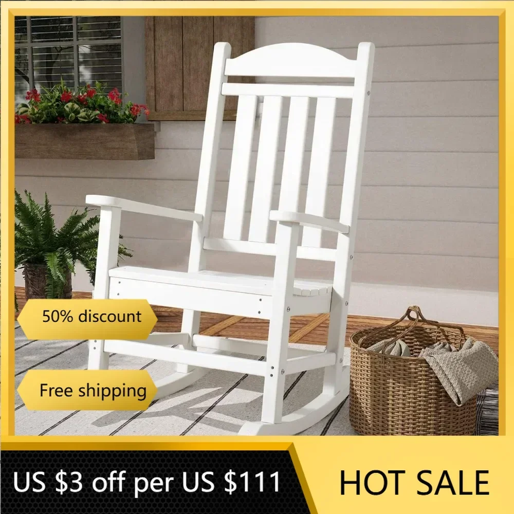 Rocking Chair Plastic Outdoor Indoor Patio Rocker Chair High Back All Weather Rocker for Patio Backyard Porch Garden (White)