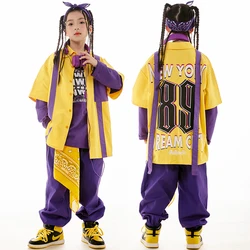 Street Hip Hop Clothes Kids Loose Yellow coat Purple Pants Girls Jazz Dance Costume Boys Drum Hiphop Performance Clothing L11575