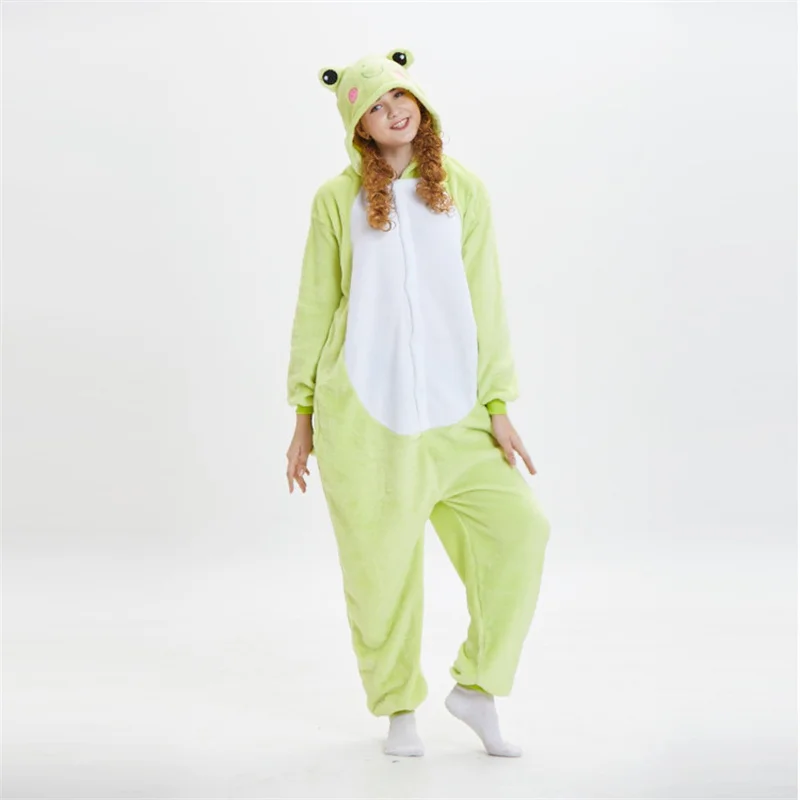 Couples Pajamas Winter Cute Animal Frog Onesies Thermal Flannel Cosplay Costume Long Sleeves One-piece Sleepwear Hooded Onesies