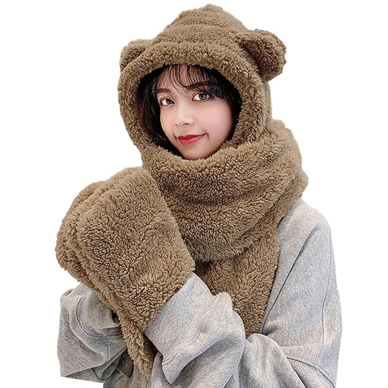 SIMPLEJEWEL™ Women Cute Bear Hoodie Hat Scarf Gloves Set 3-in-1 Earflap Fleece Hat Plush Warm Winter Hat