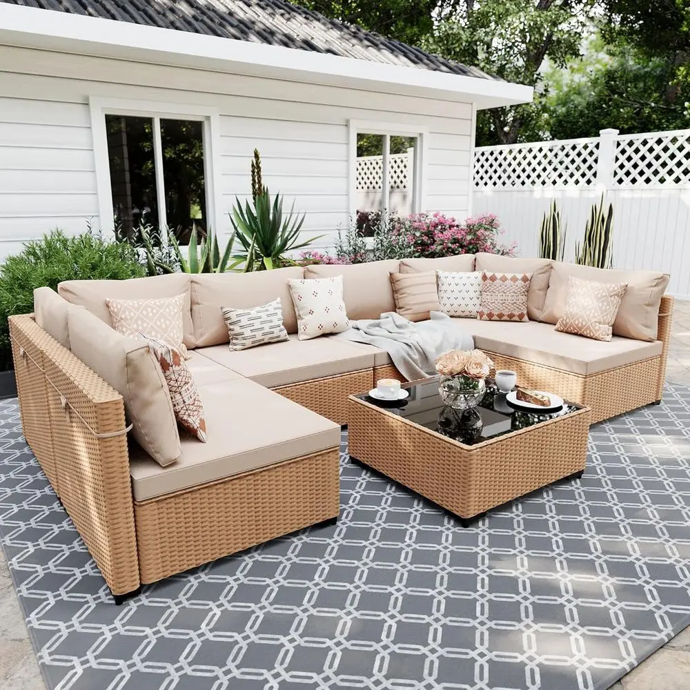 

7 Pieces Patio urniture ts, Wicker Outdoor ctional Soa CoucwitCoee Tale, Patio Contion t or Deck ackyard Garden, eiRattan, eiCus