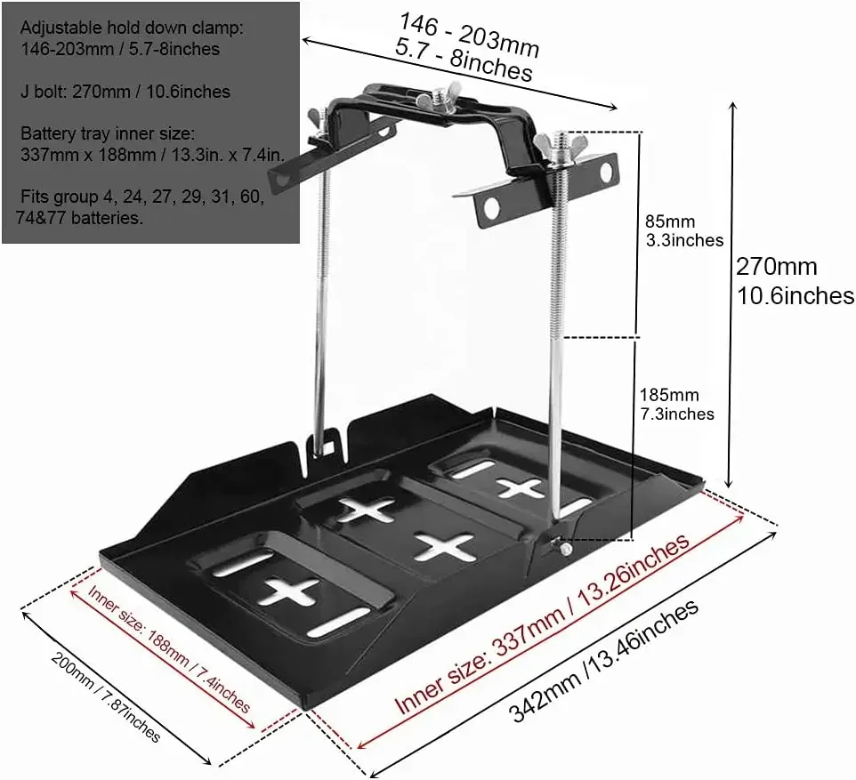 Universal Battery Hold Down Tray Corrosion-Resistant Steel Storage Battery Holder Adjustable Bracket Clamp 27/34cm Battery Tray