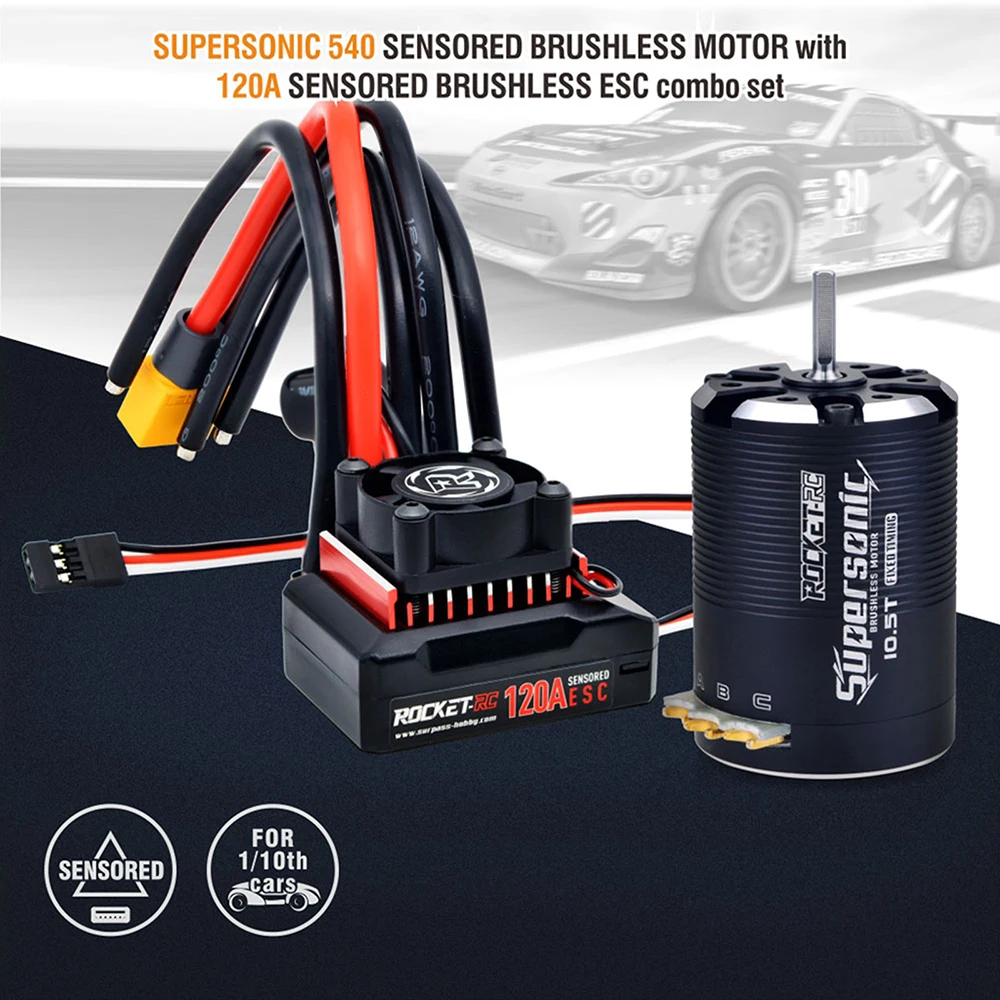 Rocket-RC Supersonic Sensored Brushless 540 4.5T 5.5T 6.5T 8.5T 10.5T 13.5T 17.5T 21.5T Motor and 120A ESC Combo for 1/10 RC Car