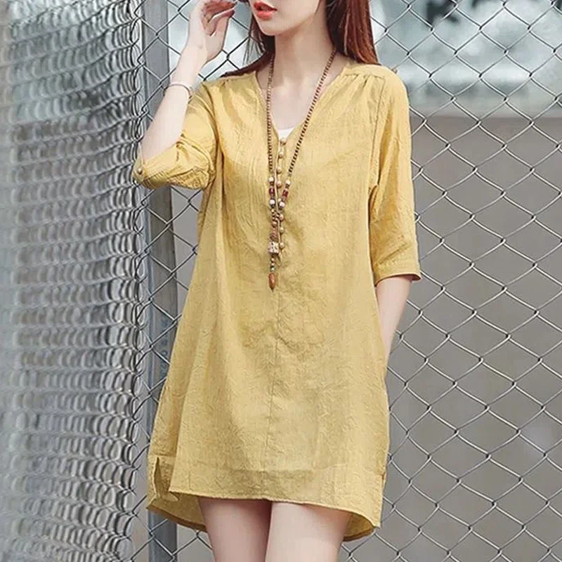 Summer New V-neck Fashion Half Sleeve Mini Dress Women High Street Casual Loose Dresses Solid Color Vintage Elegant Vestidos