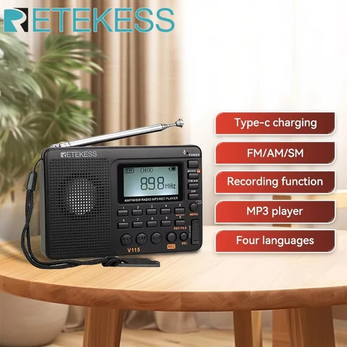 RETEKESS V115 Radio FM AM SW Radios portátiles Baterías de radio recargables Múltiples bandas Grabador USB Altavoz para personas mayores TX32