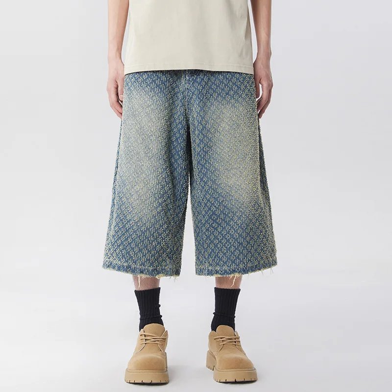 

Мужские джинсы-карго из жаккарда, американского повседневного стиля, свободного кроя, уличные, летние, синие, широкие, с эффектом потертости и бахромой