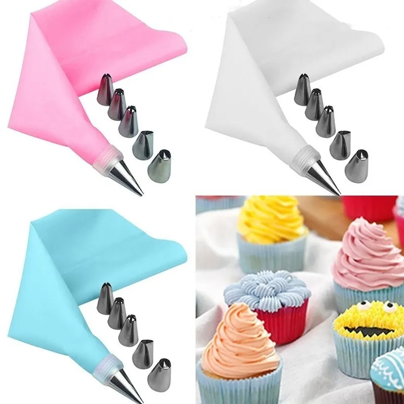 8PCS/bag Silicone Icing Piping Cream Pastry Bag + 6 Stainless Steel Cake Nozzle DIY Cake Decorating Tips Fondant Pastry Tools