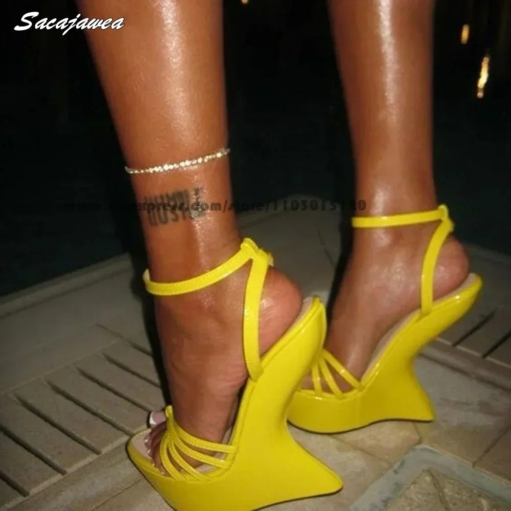 

Open Toe One Word Belt Narrow Band Hollow Stange Heel Sandals 2025 Catwalk Style Lady Sandals Solid Belt Buckle Strap Shoes