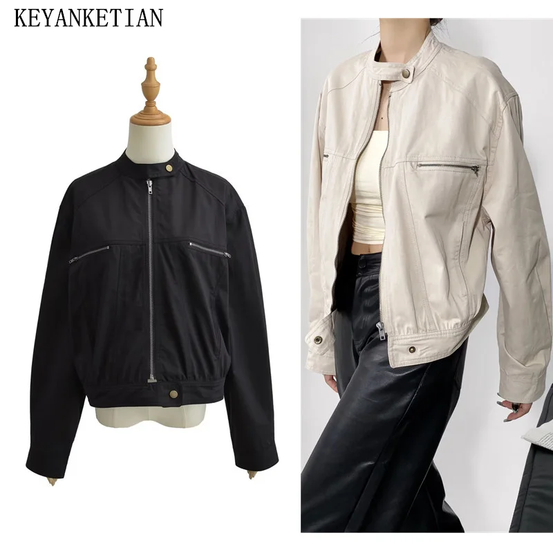 

KEYANKETIAN New Launch Women's Unisex style Loose Cropped Jacket Coat Zipper Solid Leisure Outerwear Jaqueta Feminina Crop Top