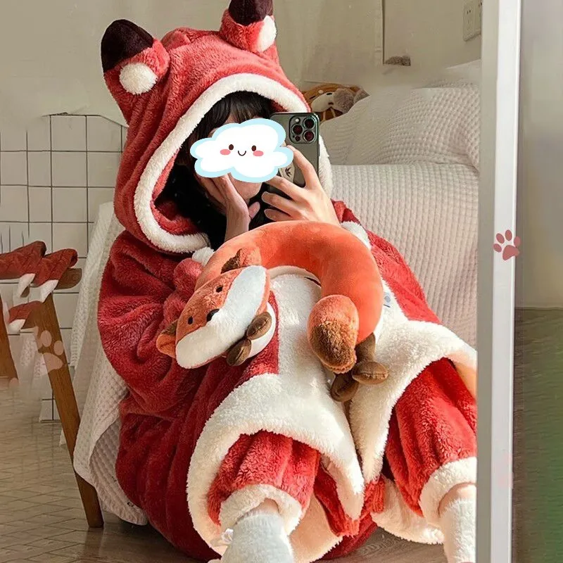 Kigurumi Adult Fox Pajamas Nightgown New Coral Fleece Disfraces For Unisex Sleepsuit Sleepwear Halloween Pyjamas Animal Onesie