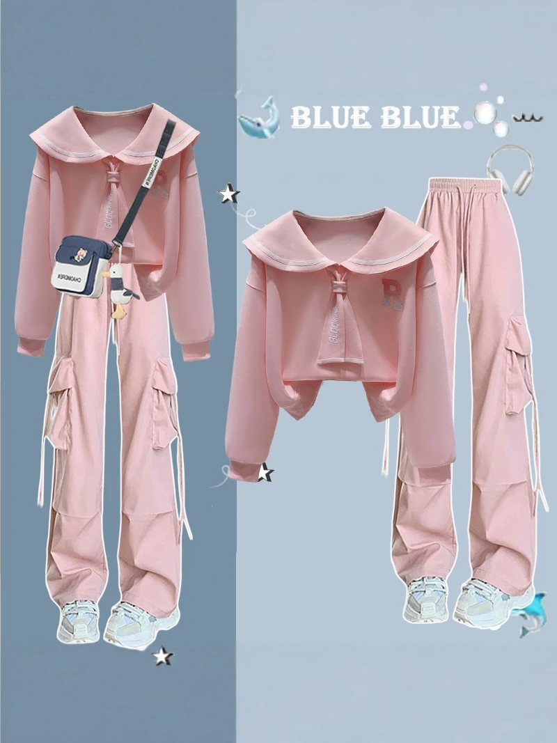 

Preppy Style Navy Collar Sweatshirt And Pants Set for Middle And High School Students Spring Autumn New Fashion Outfit Two Pi...