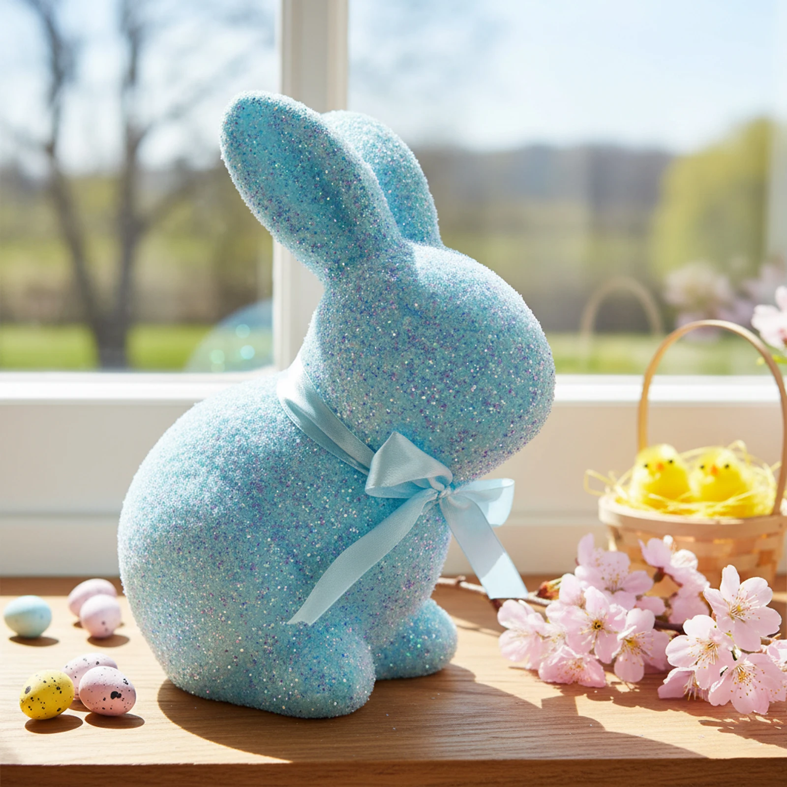Easter Bunny Figurine Sparkling Standing Rabbit Decoration with Bow Tie for Living Room Bedroom Garden Patio Lawn Decor Crafts
