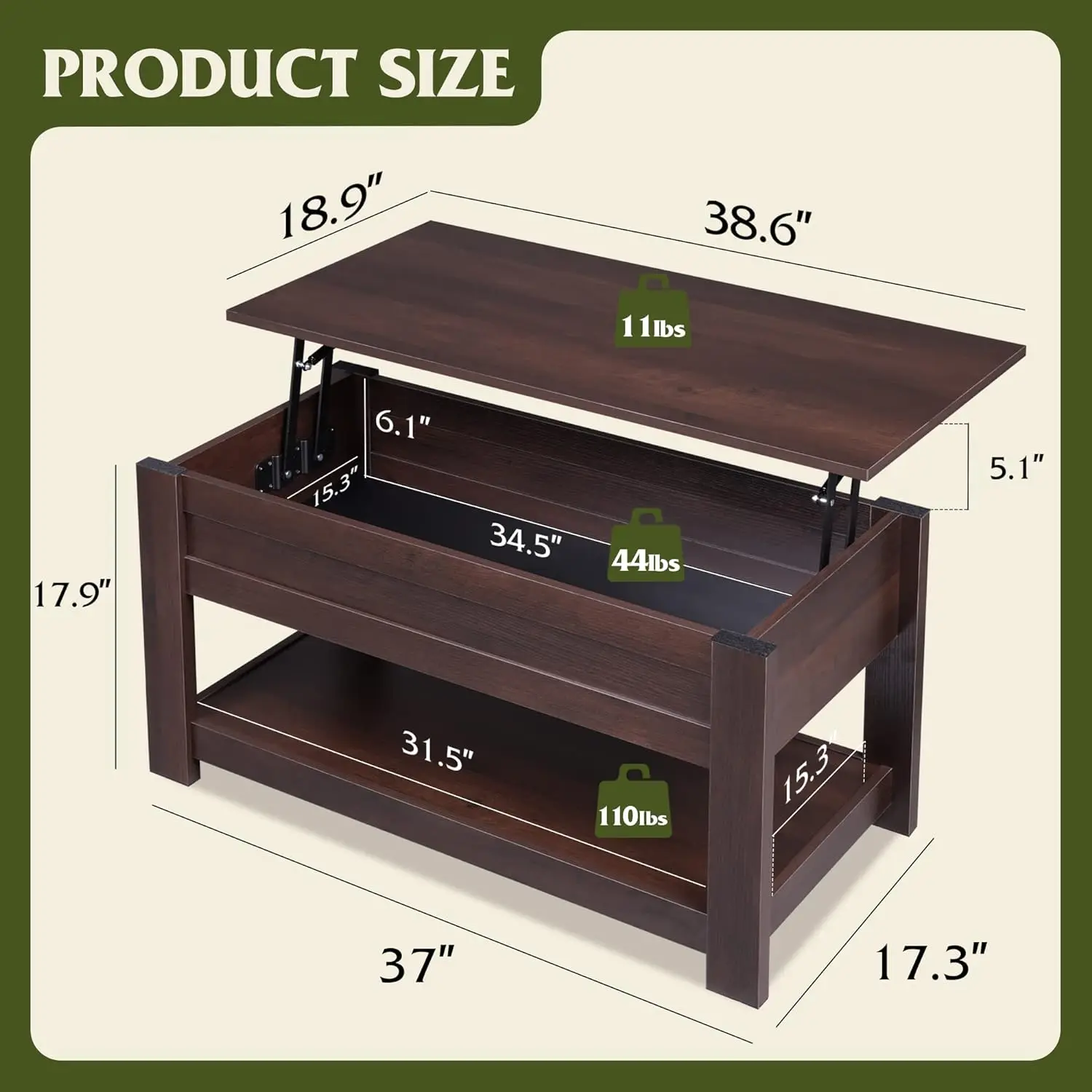 Modern Lift Top Coffee Table, Rustic Coffee Table with Storage Shelf and Hidden Compartment, Wood Lift Tabletop for Home