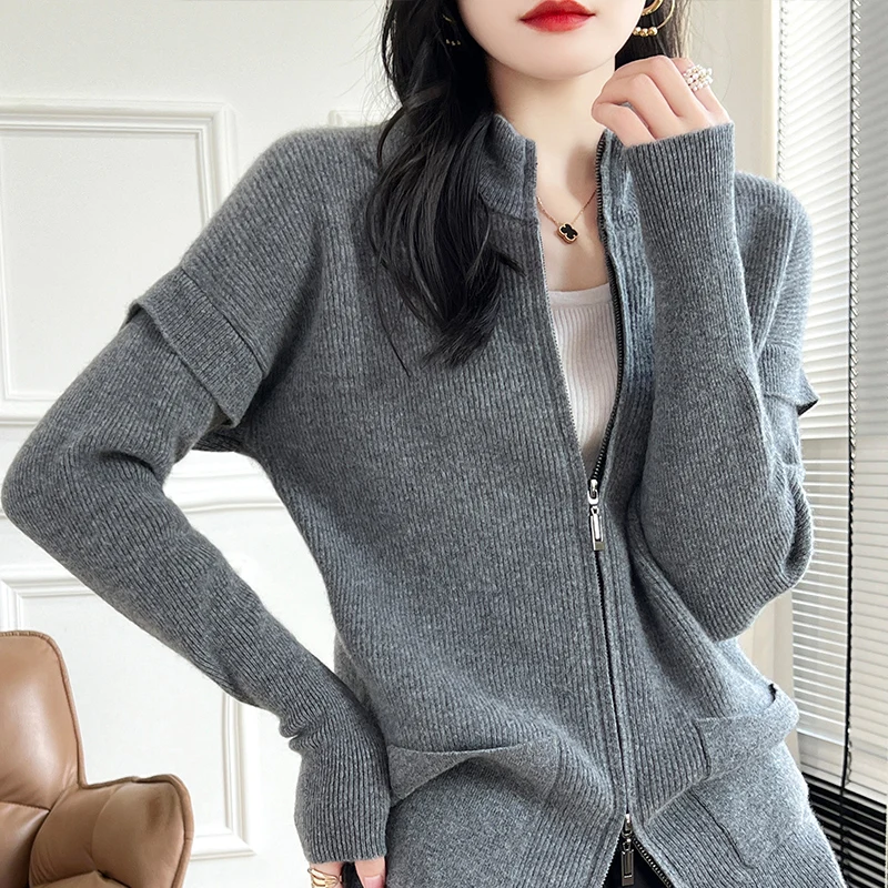 Striped Autumn/Winter new 100% Merino cashmere cashmere Cardigan Women's semi-turtleneck cardigan warm bottom knit shirt top