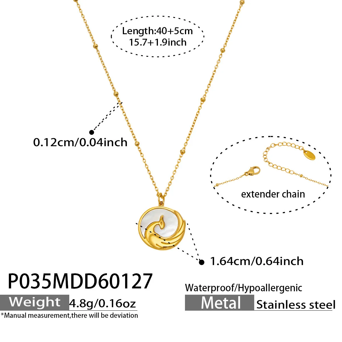 Stainless Steel 18K Gold Plated Mother of Pearl Necklace Vintage Embossed Phoenix Coin Medallion Pendant Women Jewelry - view 5
