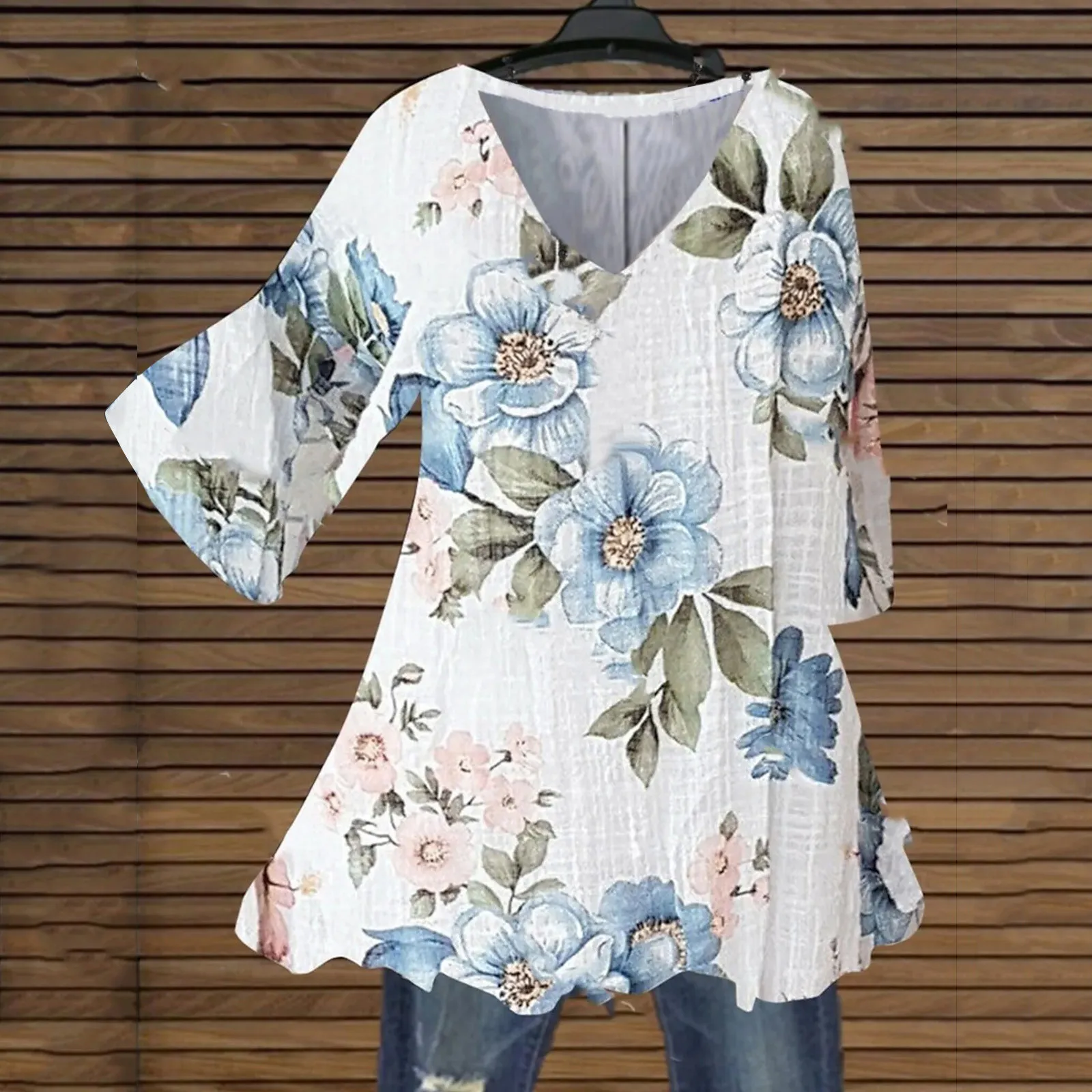 Fashion Women New Spring Shirts Floral Print Irregular Hem Blouse  Women Clothing Casual 3/4 Sleeve Shirt Oversize