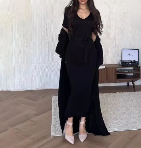 

Spring 2025 Women's Solid Color Knitted Waist Jacket Long Dress Stylish Sweater Casual Elegant Fashion for Women