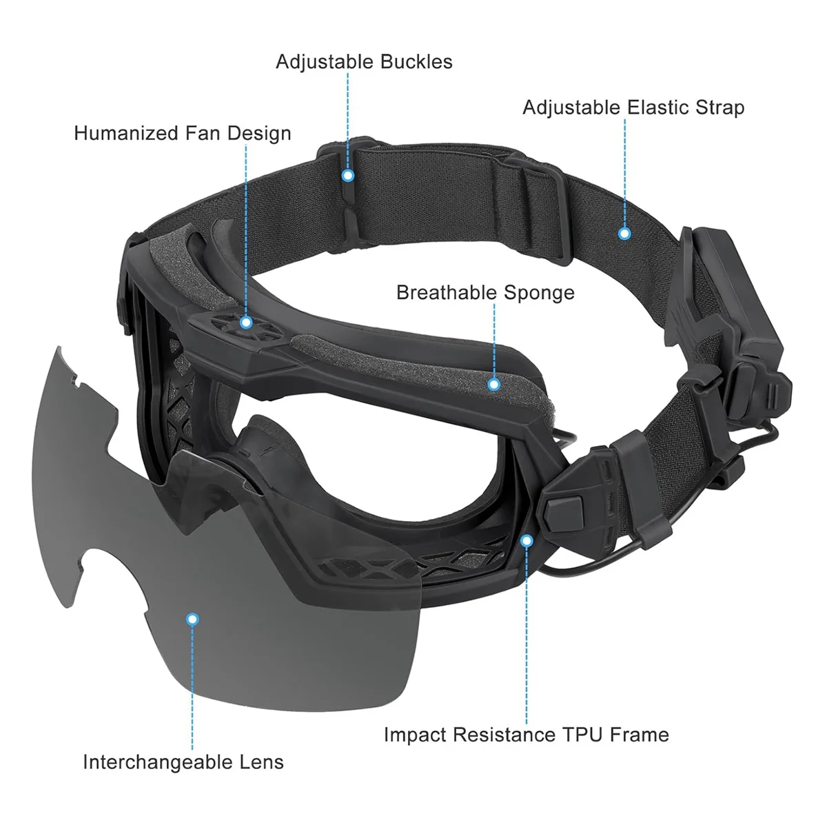 선풍기 렌즈 교환식 김서림 방지 고글, 안전 고글, 사이클링 페인트볼 사냥 오토바이 안경