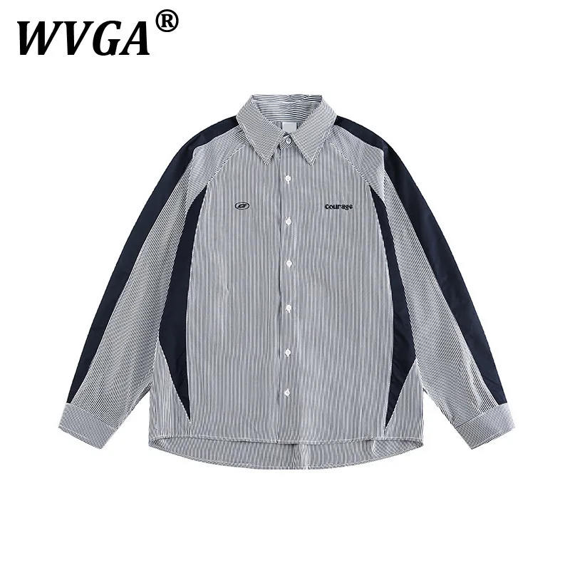 

WVGA Spring Autumn New Man Tide Color Block Patchwork Striped Long Sleeve Shirts Niche Chic Casual Turn-down Collar Shirt W9664