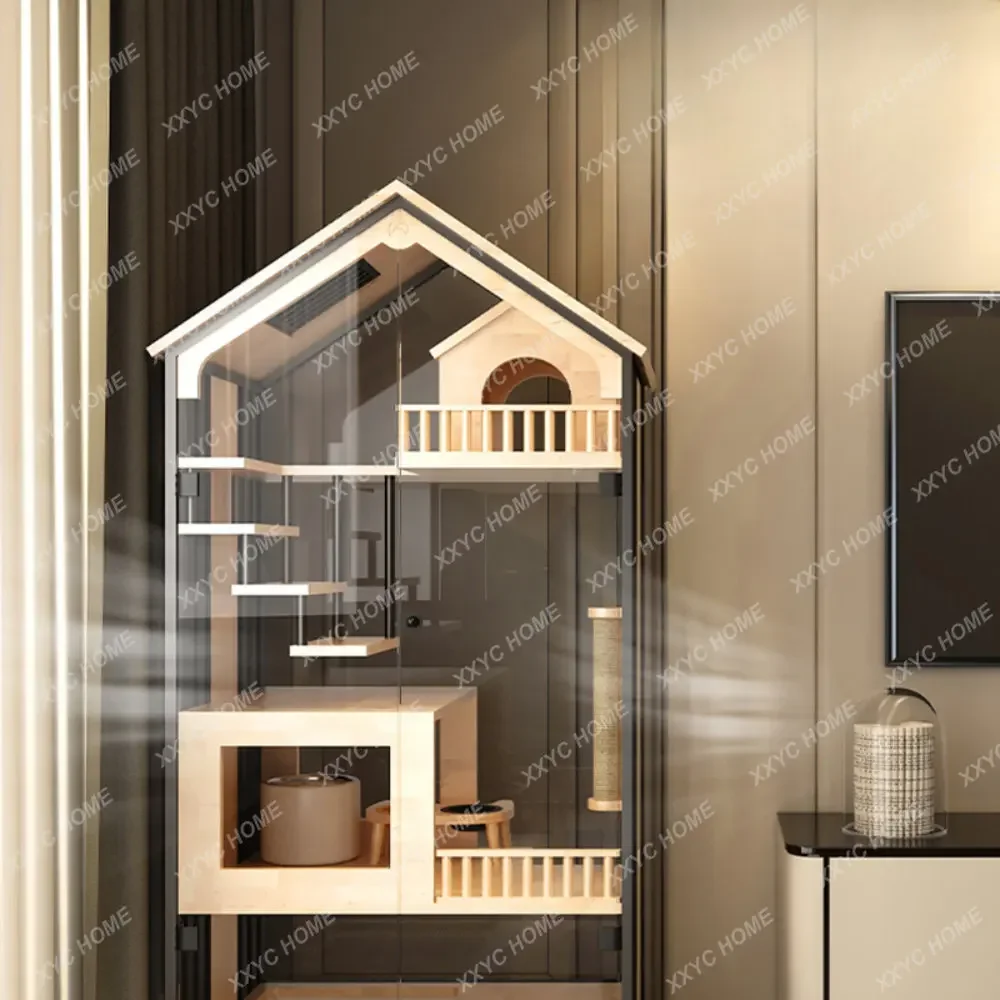 Cat Villa Rubber Solid Wood Panoramic Glass Large Space Cat Cage Luxury Three-Layer Household Cattery Cat House