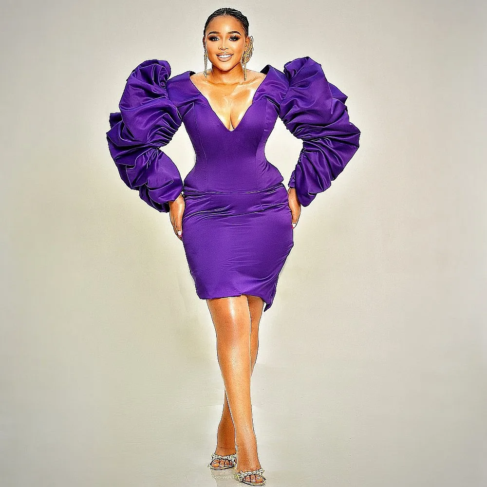 الأرجواني طويلة الأكمام فساتين حفلة موسيقية العميق الخامس الرقبة Ruched فوق الركبة حورية البحر فستان الحفلات المسائية الفتيات فساتين المناسبات الخاصة