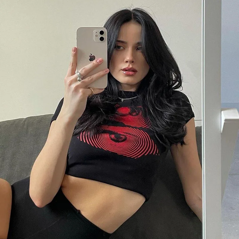 Vintage Y2k Crop Tops T-shirts Women Aesthetic Grunge Tee Shirts Eyes Print Punk Gothic O-neck Streetwear Graphic Female Clothes