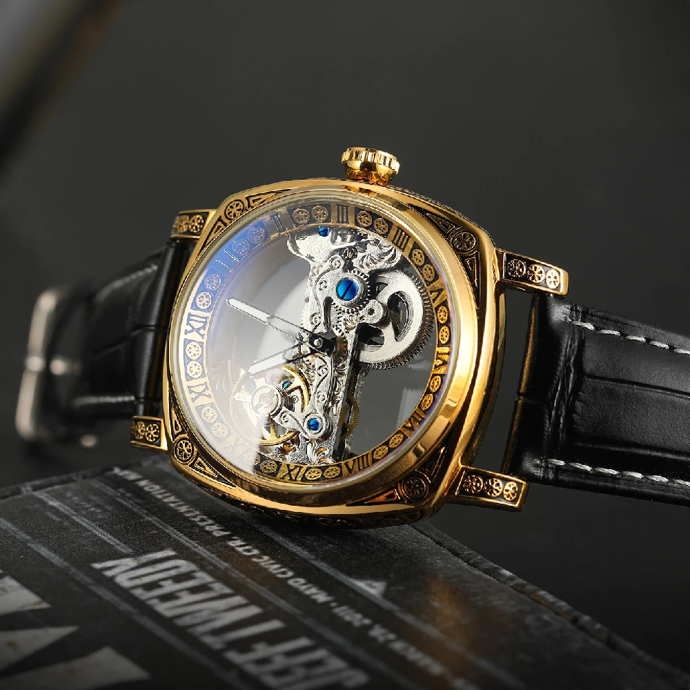 FORSINING Men's Watch Automatic Self-winding Mechanical Luxury Engraved Golden Square Case Leather Band Male Business Wristwatch