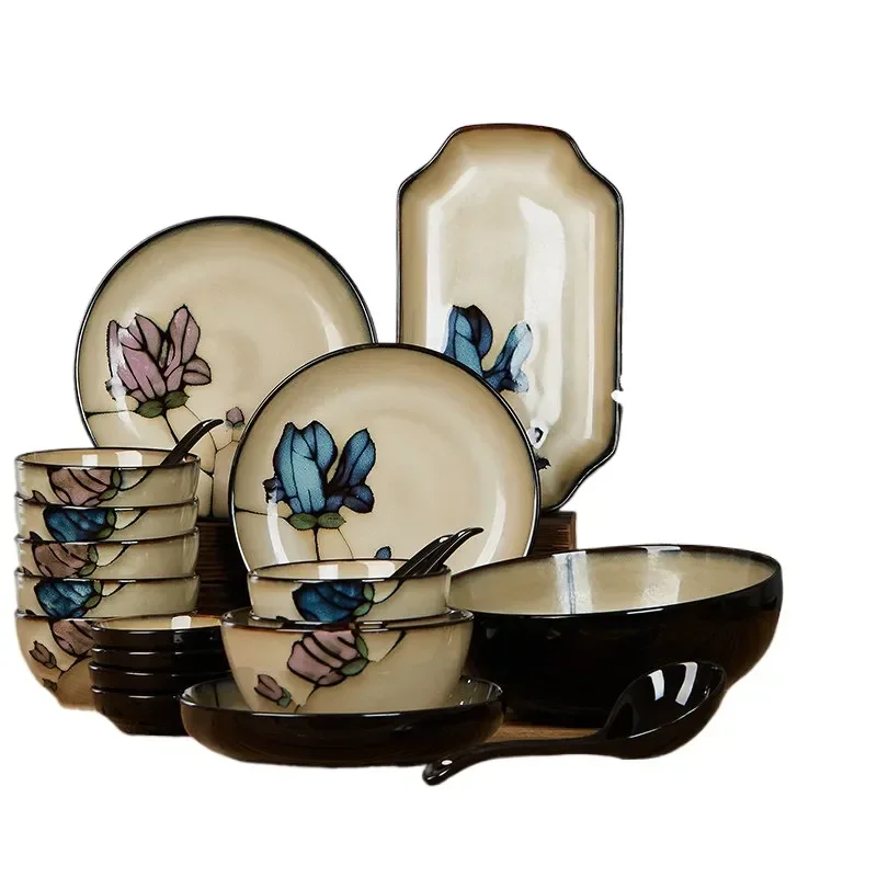Ceramic Dish Set Household Retro Underglaze Hand Painted Anti Scalding Rice Bowl Plate 4 10 People Bowl Plate Combination