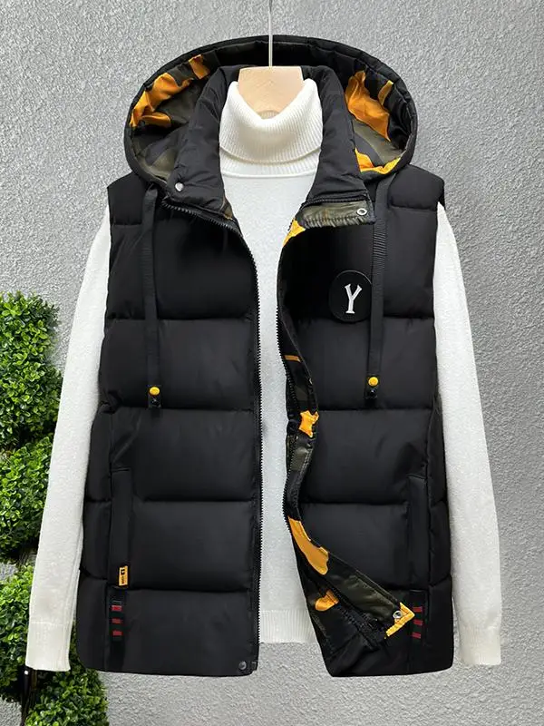 

Thiened Cotton Vest for Men Detachable Hat Warm Casual Wear Large Size Autumn Winter Trendy Men's Vest Faionable Youth Sle