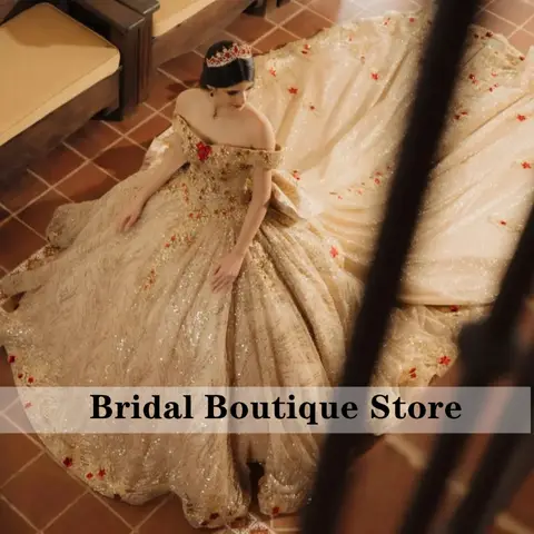 Shiny Champagne Quinceanera Dress Glitter Crystal Decal Long tail off-shoulder Layering Bow Vestidos De 15 Quinceanera ﻿Customiz