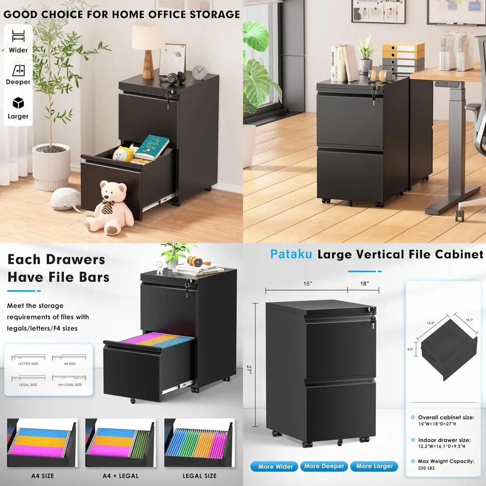 

Compact Metal Rolling File Cabinet, 2-Drawer Lockable Storage for Home Office, Fits A4/Letter/Legal, Easy Assembly, Black