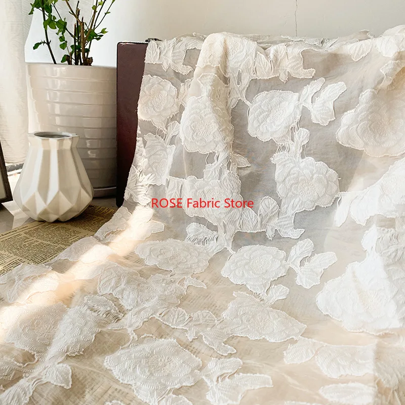 

Big Flower Embossed Organza fabric White Beige Jacquard Fabric for Wedding dress, Party Dress, Prom Dress, Designer Fabric
