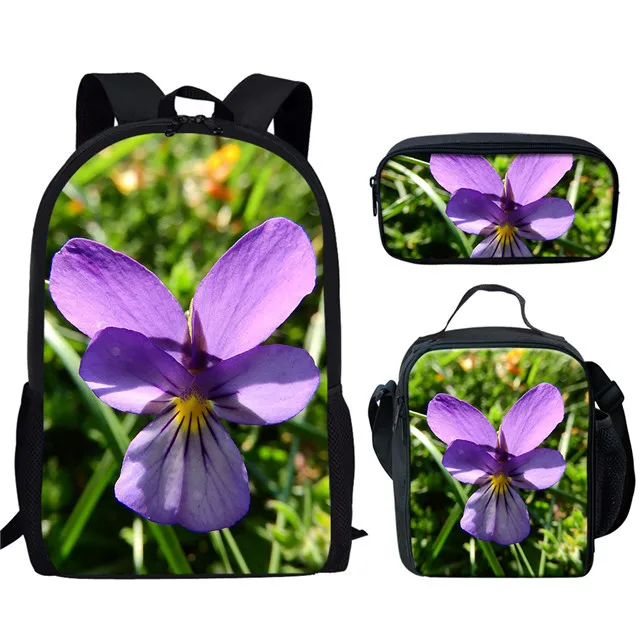 Trendy Youthful  Beautiful Purple Lilac 3D Print 3pcs/Set Student Travel bags Laptop Daypack Backpack Lunch Bag Pencil Case