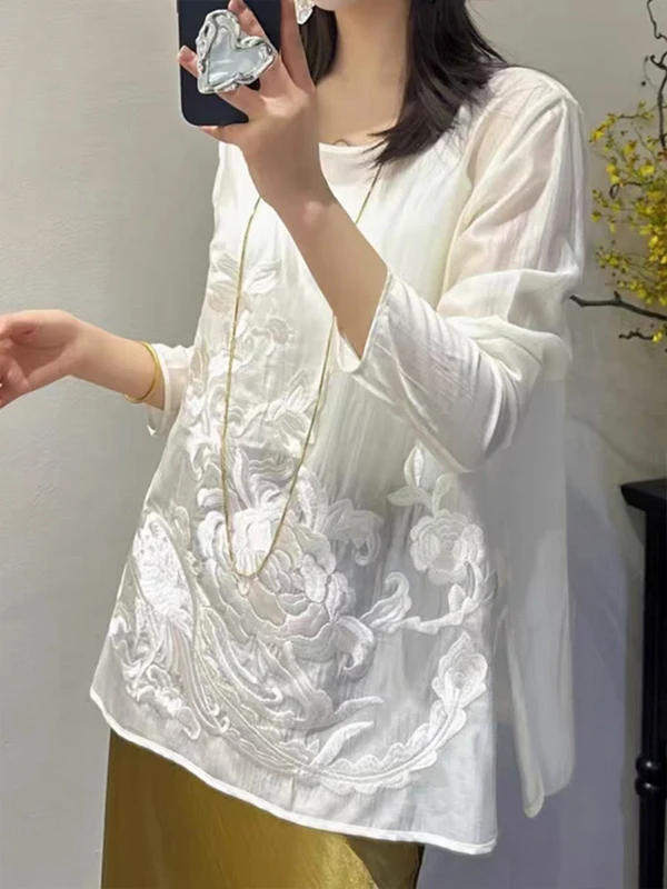 

Retro Embroidered White irt Women's Layered Base Layer Top Summer New Chinese Sle National Faion Tang Costume Modin