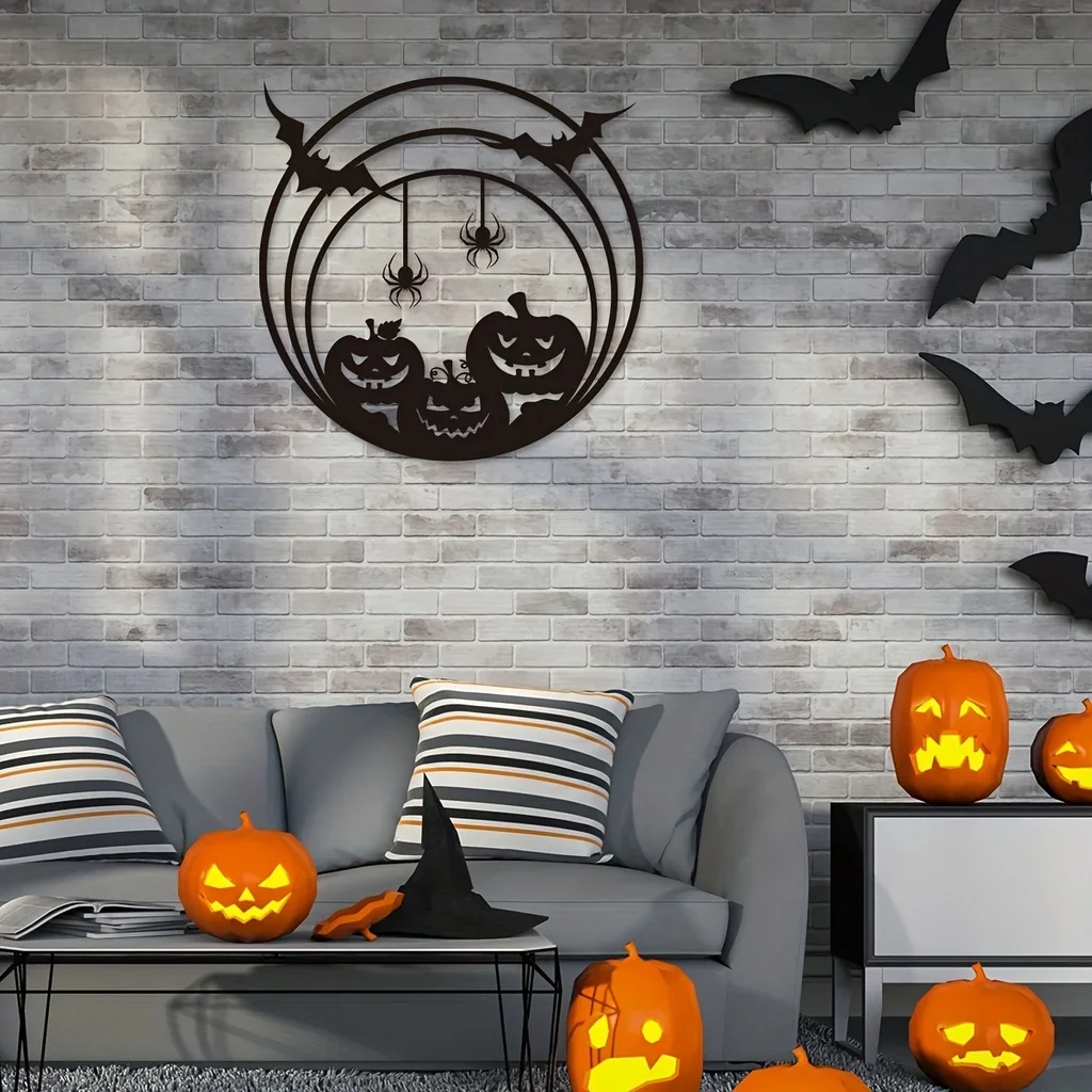 1pc, Halloween Pumpkin Metal Home Decor Spider Web Bat Door Sign Wall Art Halloween Day of The Dead Home Party Decor Gift