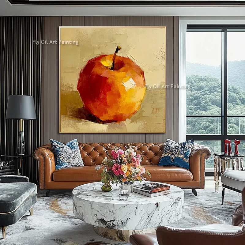 Hand Painted Yellow White Apple Canvas Oil Painting Simple Original Design Red Yellow Fruit Home Wall Art Decor Items New Modern